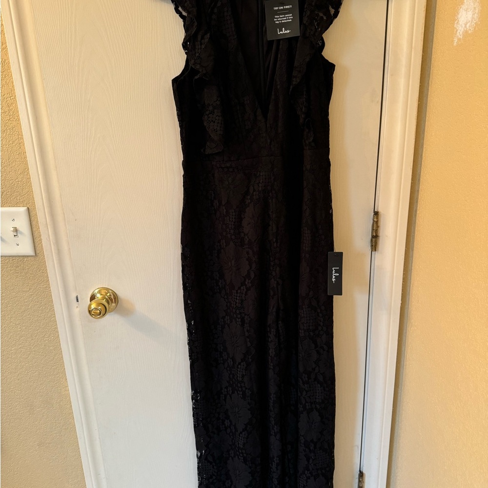 Lulus Molinetto Black Lace Ruffled Sleeveless Jumpsuit